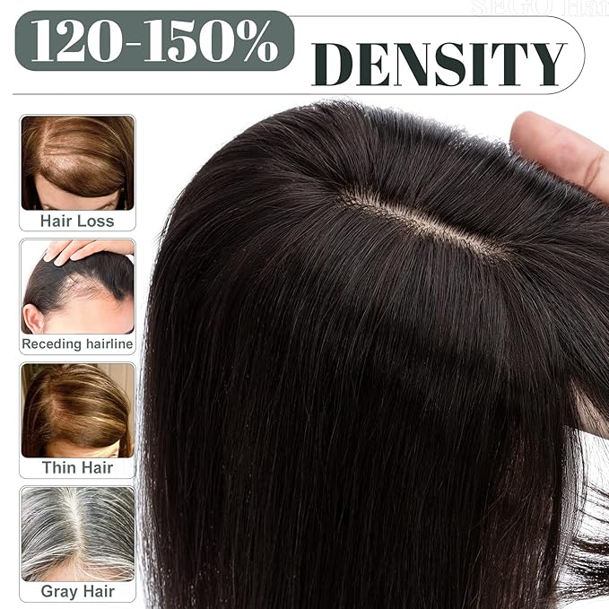 SEGO Hair Toppers for Women Real Human Hair with Thinning Hair, Toppers Hair Pieces Clip in Toppers Straight Hair Pieces with Front Bangs 150% Density Silk Base -8 Inch #1B Natural black
