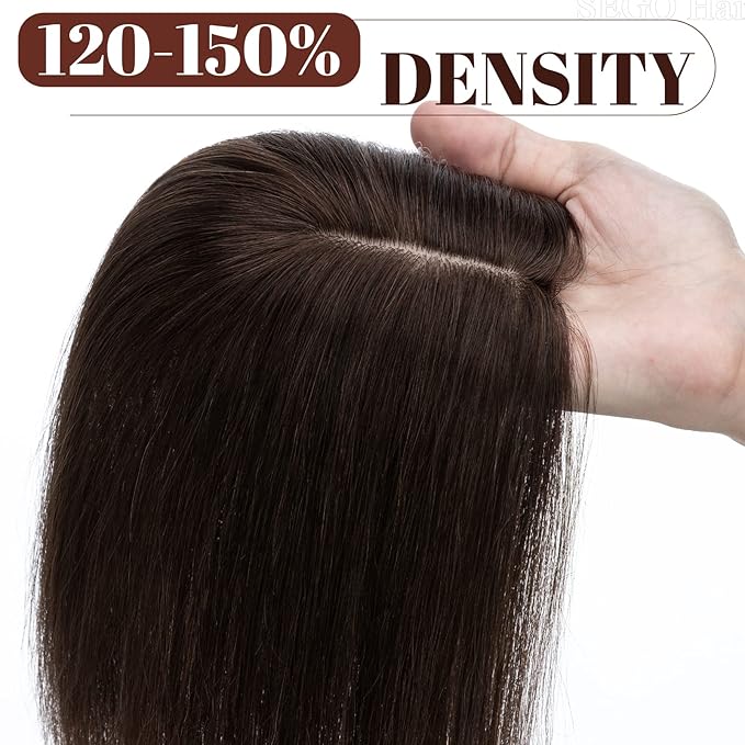 SEGO Real Human Hair Topper for Women, No Bangs Hair Topper with Anti-Slip Clips (12 Inch#2 Dark Brown)