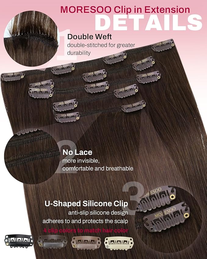 Moresoo Brown Clip in Hair Extensions Remy Double Weft Human Hair Clip in Extensions Straight Hair Extensions for Women Medium Brown #4 5pcs 80g 12inch