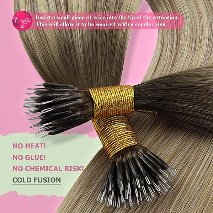 YoungSee Nano Ring Hair Extensions Brown Balayage Nano Beads Hair Extensions Human Hair Dark Brown Ombre Light Brown with Blonde Ombre Nano-Link Hair Extension Real Hair Cold Fusion 22inch 50s 50g