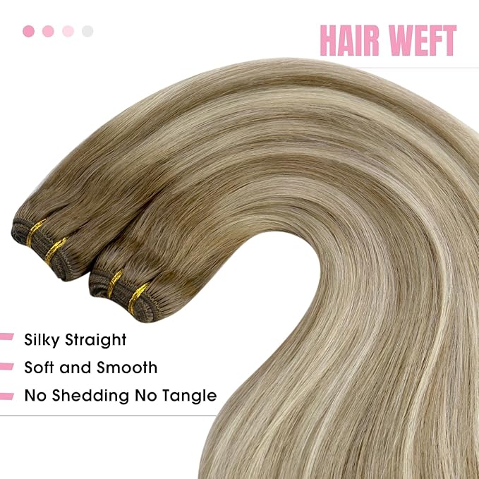 YoungSee 100G Weft Hair Extensions Balayage Sew in Hair Extensions Light Brown Mix Platinum Blonde Balayage Straight Human Hair Weft Extensions for Short Hair 14Inch