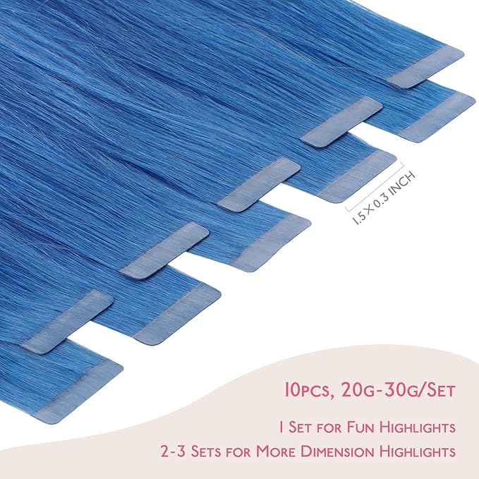 Wennalife Blue Tape In Hair Extensions, 10pcs 20g 12 inch Remy Invisible Tape Ins Straight Colored Soft Real Human Hair Tape In Extensions Refill Set Extensions
