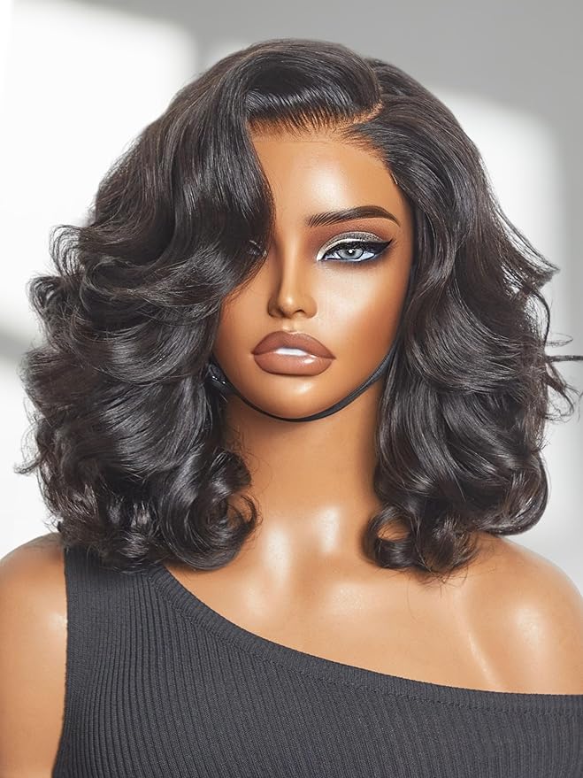 LUVME HAIR 100% Human Hair Wigs Loose Wave Glueless Lace Front 16 Inches, Pre Cut Plucked Hd Lace Short Wig Ready To Go Natural Color Straight Bleached Knots Side Part Black Wigs