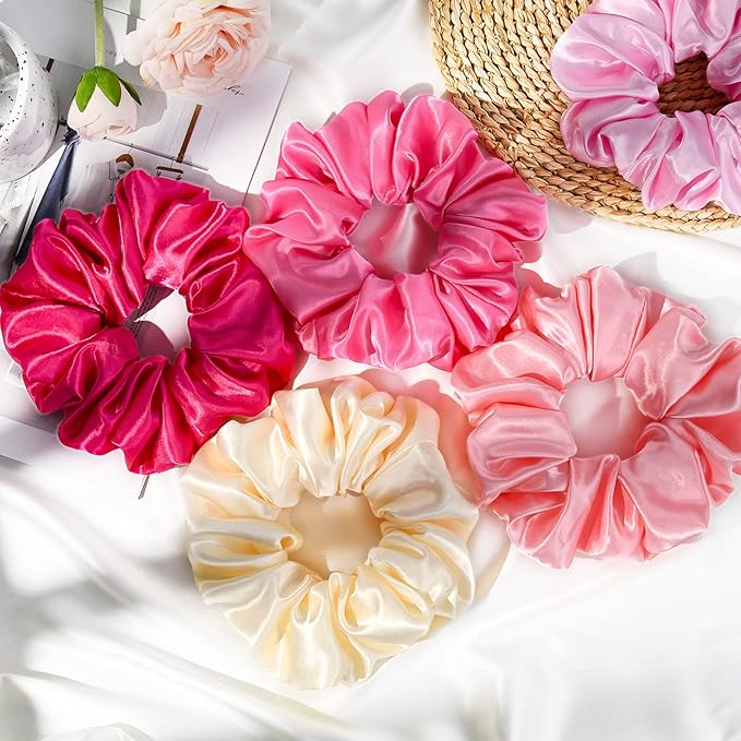 CEELGON Large Silk Satin Scrunchies for Women Big Scrunchies Jumbo Satin Hair Ties Oversized Hair Scrunchies for Thick Curly Hair Pack of 6 (Pink)