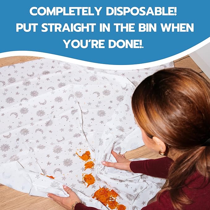 30 Pack Disposable Splat Mats by Eli with Love - Extra Large 49"x49" 100% Waterproof Baby Splat Mat for Under High Chair - Plastic Mat Liner for Floor - Protect from Spills (Moon & Stars, 30 Pack)
