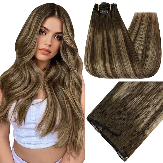 Full Shine 22 Inch Invisible Clip in Hair Extensions Human Hair Ombre Brown Clip in Human Hair Extensions Medium Brown Balayage Honey Blonde Thick Hair Extension 7 Pcs 150 G