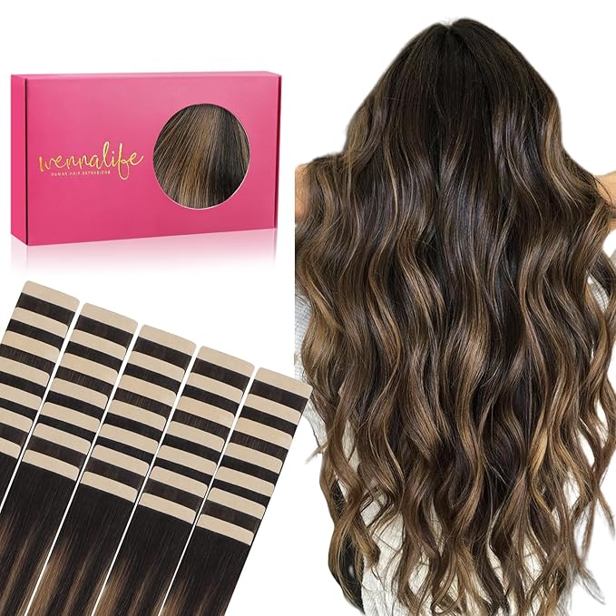 WENNALIFE Tape in Hair Extensions Human Hair, 40pcs 100g 18 inch Balayage Natural Black to Chestnut Brown Hair Extensions Real Human Hair Straight Tape in Extensions Invisible Human Hair Extensions