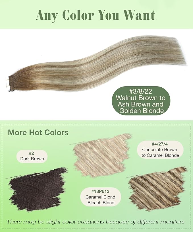 SURNEL Tape in Human Hair Extensions Balayage Walnut Brown to Ash Brown and Golden Blonde Tape in Hair Extensions 22 inch 20pcs 50g(#3/8/22-22)