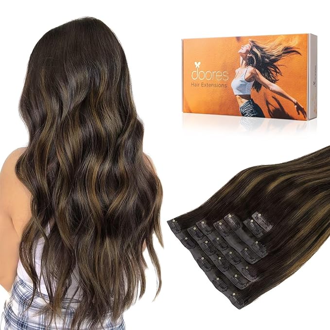 DOORES Clip in Hair Extensions, Dark Brown to Chestnut Brown 7pcs 110g 22 Inch, Real Human Hair Seamless Clip in Hair Extensions Straight Invisi Edge