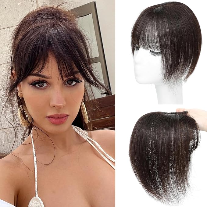 Amchoice Hair Toppers for Women Real Human Hair, Bangs Hair Clip 360° 3D Cover Bangs, Human Hair Toppers for Women Daily(Dark Brown, 3D French Bangs (5 * 9))