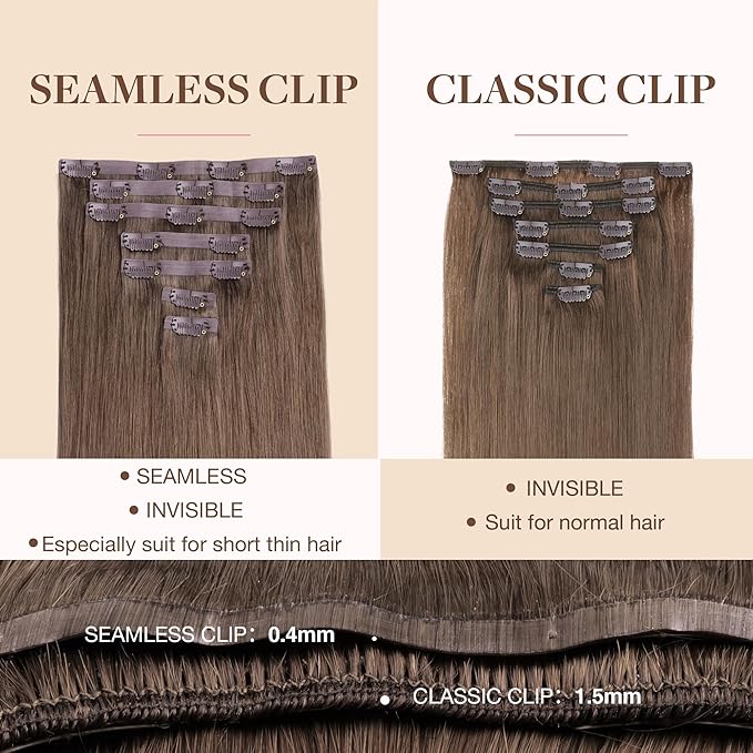 GOO GOO Clip in Hair Extensions Real Human Hair, Remy Human Hair Extensions Clip ins for Women, Natural Human Hair, 16inch 110g 7Pcs, 5 Light Ash Brown