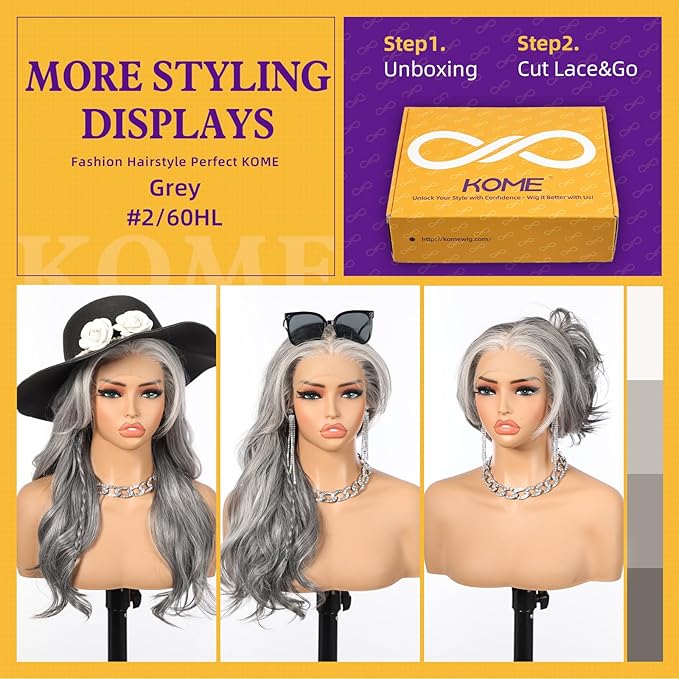 Grey Synthetic Lace Front Wig,13×6 Curly Glueless Wigs for Women Daily Use 22IN（#2/60HL）