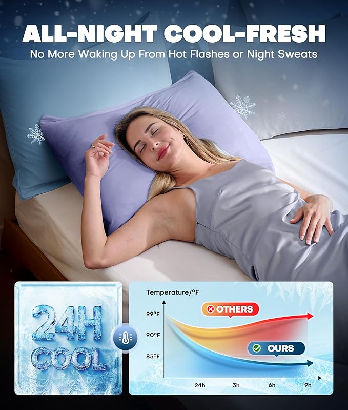 Ultra-Chill Cooling Pillowcase Set of 2 for Hot Sleepers, Softer Than Silk Pillow Cases for Protecting Hair & Skin, Breathable Bed Pillow Covers w/Zipper, Gifts for Women & Men(Purple, Standard)