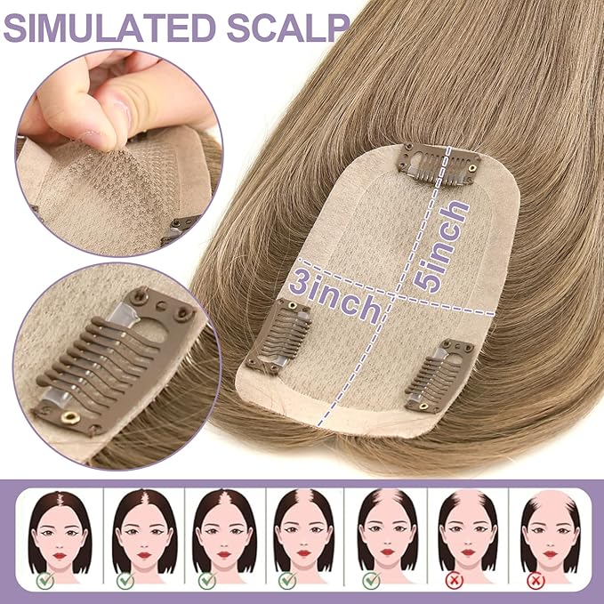 Toppers Hair Pieces for Women #TAC, 3x5 Inch Injected Silk Base 12 Inch Length 130% Density Real Human Hair Toppers