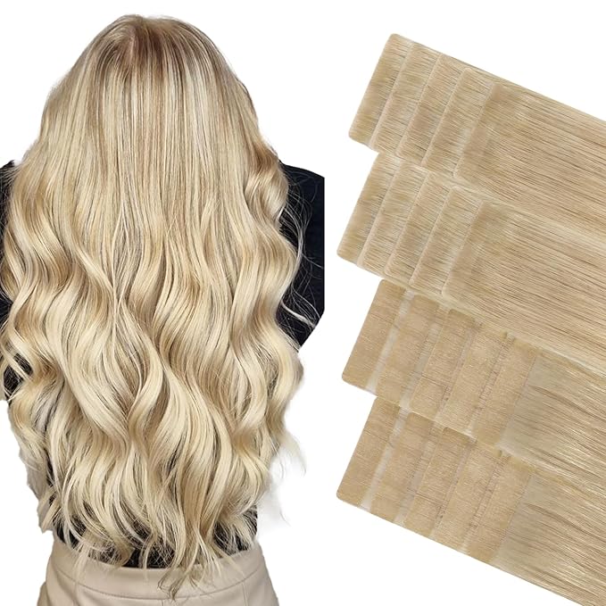 GOO GOO Invisi Edge Tape in Hair Extensions Human Hair, 18ET90A Natural Blonde Balayage 10pcs injected with 10pcs classical tape ins, 12inch 40g, Virgin Remy Hair, Natural Look