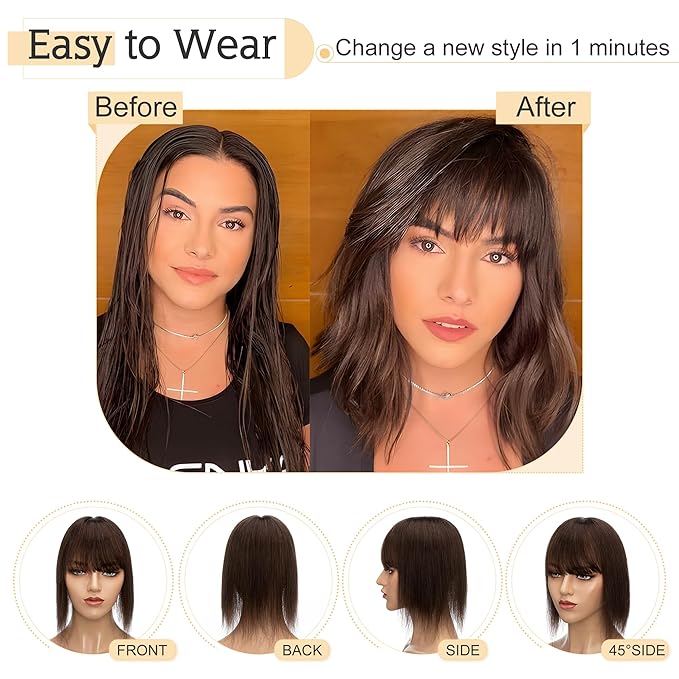 SEGO Hair Toppers for Women Real Human Hair With Bangs, 7 * 13CM Silk Base 100% Remy Human Hair Clip in Top Wiglet Hairpieces Add Volume -18 Inch Dark Brown