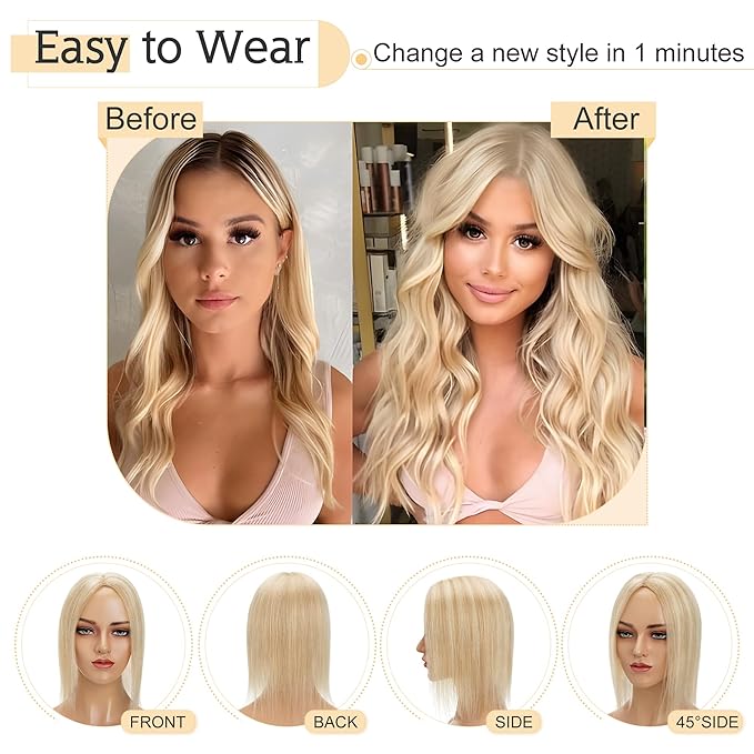 SEGO Human Hair Toppers for Women With Thinning Hair, 7 * 13CM Silk Base 100% Real Human Hair Clip in Top Wiglet Hairpieces /8 Inch No Bangs Ash Blonde&Bleach Blonde
