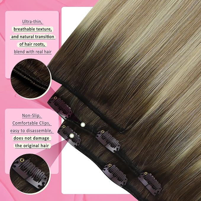 YoungSee Clip in Human Hair Extensions Balayage Walnut Brown Ombre Light Brown with Blonde Clip in Hair Extensions Balayage Human Hair Clip in Extensions Dyable Remy Hair 14Inch 7Pcs 120G