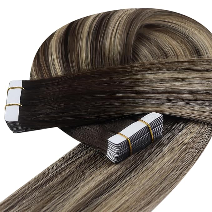 YoungSee Tape in Extensions Human Hair Balayage Tape ins Human Hair Extensions Balayage Dark Brown with Ash Blonde Tape in Hair Silky Straight 20 Inch 20pcs 50g Long-Lasting