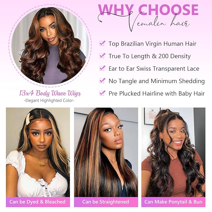 Ombre Lace Front Wig Human Hair Highlight Body Wave Lace Front Wigs Human Hair Pre Plucked 13x4 Transparent Lace Frontal Wig 200 Density Glueless 1B/30 Highlighted Wigs 20 Inch