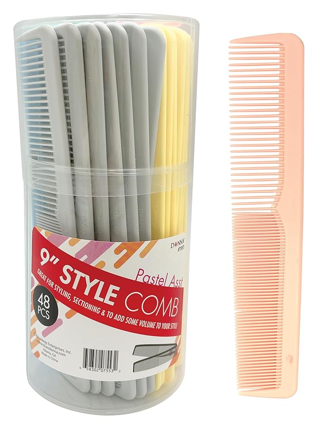 DONNA 9" Style Comb, Pastel Assorted (48 Pack) – Long Styling Comb with Dual-Density Teeth for Cutting, Blending & Finishing – Salon Bulk