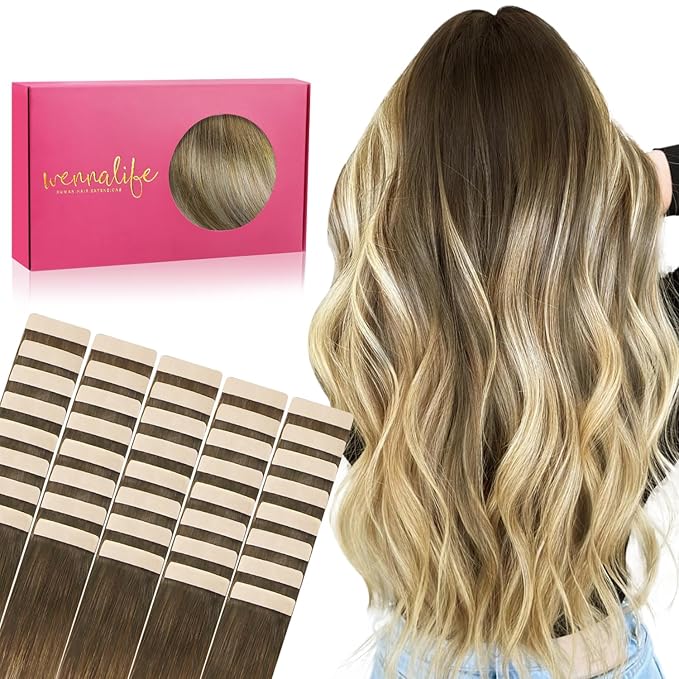 WENNALIFE Tape in Hair Extensions Human Hair, 40pcs 100g 22 inch Ombre Walnut Brown to Ash Brown and Bleach Blonde Hair Extensions Real Human Hair Straight Tape in Extensions Real Human Hair Extension