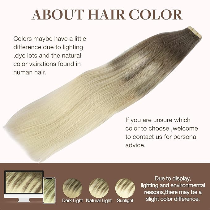 GOO GOO Tape in Hair Extensions Human Hair, 9/60 Balayage Ash Brown to Platinum Blonde, 16inch 50g 20pcs, Skin Weft Seamless Invisible, Silky Straight with Thick Ends, Remy Human Hair
