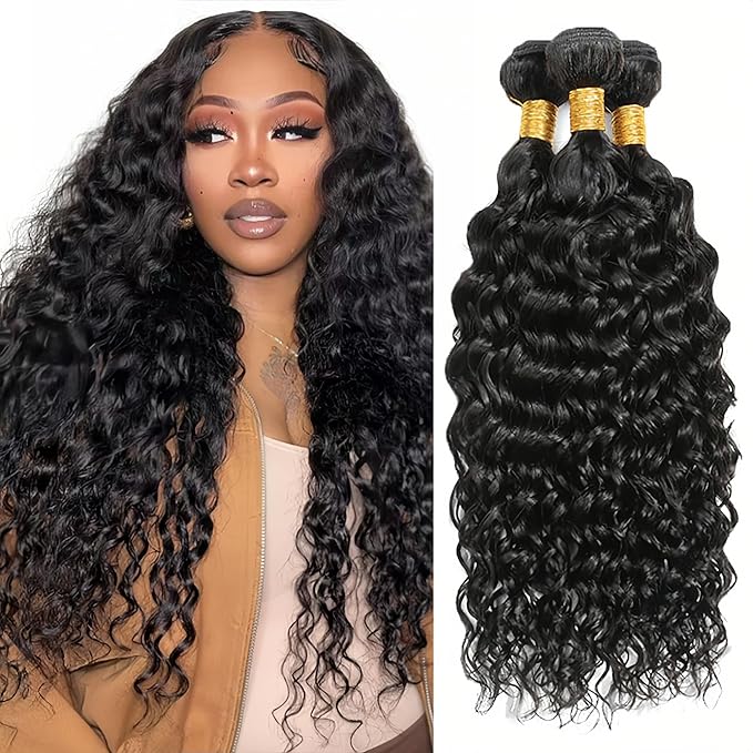 Water Wave Human Hair Bundles Natural Black Bundle Niegmeag Virgin Remy Hair 3 Bundles 22 24 26 Inch Double Weft Color 1B Wet and Wavy Bundle Hair Weave