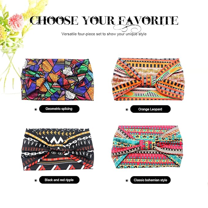 Head Bands for Women's Hair - Non-Slip Wide Yoga Head Wrap, 4 Pack African Print Workout Turban for Natural Hair, Braids, Dreadlocks & Protective Styles