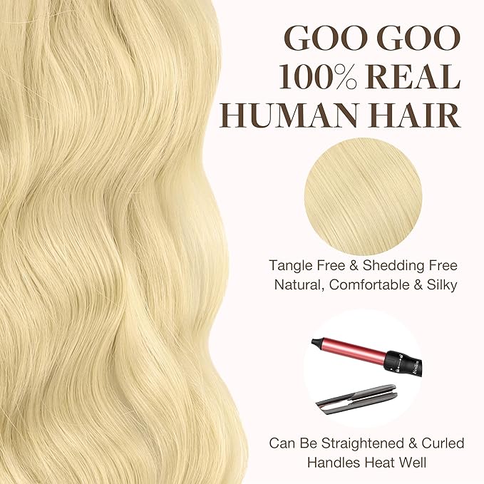 GOO GOO Tape in Hair Extensions Human Hair, 613R Bleach Blonde, 10inch 60g 40pcs, Skin Weft Seamless Invisible, Silky Straight with Thick Ends, Remy Human Hair