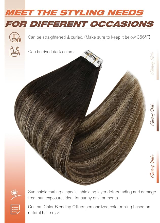 Sunny Hair Tape in Hair Extensions Human Hair, 22 Inch 40Pcs Remy Tape in Extensions Black Balayage Brown Ombre Ash Blonde Hair Extensions Tape in 100g