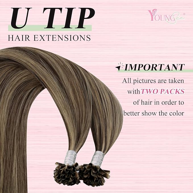 YoungSee U Tip Hair Extensions Human Hair Brown with Blonde U Tip Hair Extensions Highlight Ktip Human Hair Extension Brown Hot Fusion Extension Highlight Utip Extension 22In for Long Hair 1G/S 50G