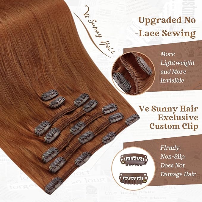 Ve Sunny Clip in Hair Extensions Real Human Hair Ginger Copper Real Hair Extensions Clip in Human Hair Double Weft Remy Hair Extensions for Women 5pcs 12 inch 80g