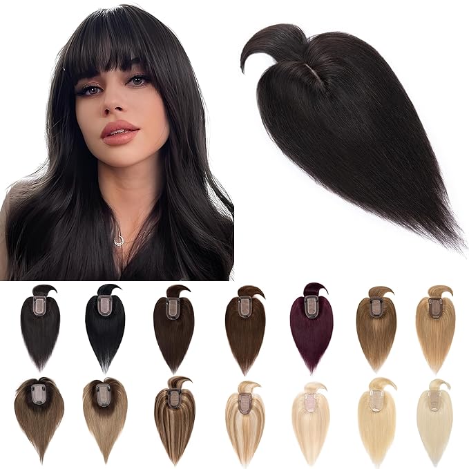 SEGO Hair Toppers for Women Real Human Hair With Bangs, 7 * 13CM Silk Base 100% Remy Human Hair Clip in Top Wiglet Hairpieces Add Volume /14 Inch Natural Black