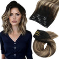 Moresoo Black to Blonde Ombre Clip in Hair Extensions Remy Human Hair Double Weft Short Human Hair Clip in Extensions Ombre Natural Black to Caramel Blonde with Brown 80g/5pcs 12 inch