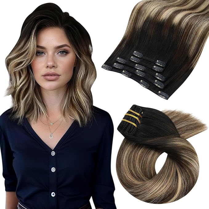 Moresoo Balayage Clip in Hair Extensions Short Black to Blonde Balayage Real Human Hair Extensions Clip ins Remy for Women Ombre Natural Black to Brown with Honey Blonde 80g/5pcs 10in