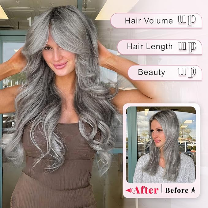 ALXNAN Long Wavy Hair Extensions for Women, Clip in Hair Extensions Clip Ins Soft Full Head Synthetic Hairpieces 20 Inch Grey/Sliver