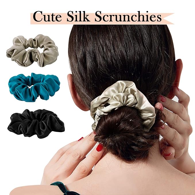 MulberrySilk Scrunchies for Women Hair Ties for Sleep and Night Hair Sleep, Women Grils Silk Hair Ties 3 Pack（Black,Taupe,Peacock blue）