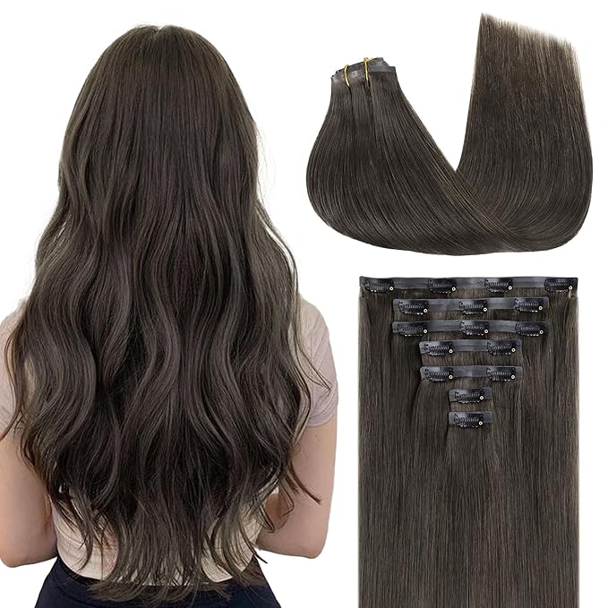 GOO GOO Clip in Hair Extensions Real Human Hair, Remy Human Hair Extensions Clip ins for Women, Natural Human Hair, 24inch 160g 7Pcs, 1C Mocha Brown