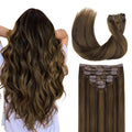 GOO GOO Clip in Hair Extensions Real Human Hair, Remy Human Hair Extensions Clip ins for Women, Natural Human Hair, 18inch 120g 7Pcs, 2C/4E/6C Brown Sugar Swirl Highlights