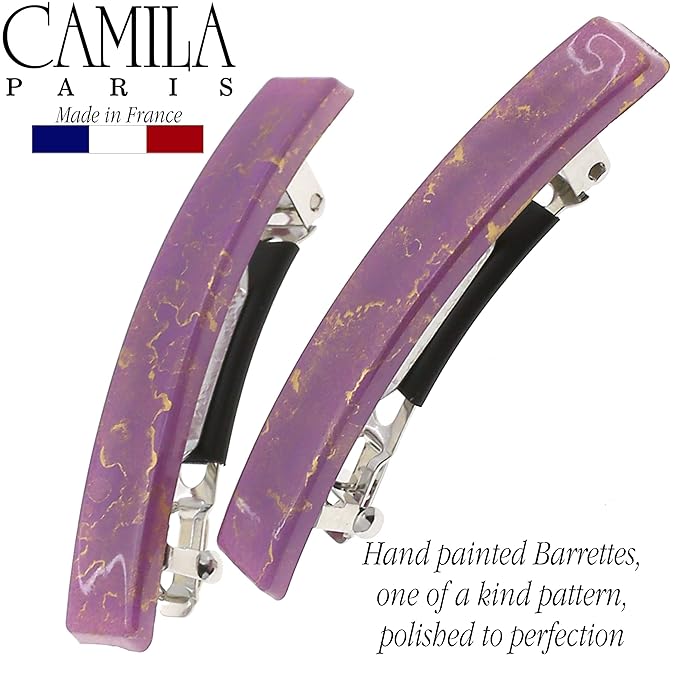 Camila Paris CP3039 French Hair Barrette Clip for Girls, Set of 2 Purple Rubberized Metal Clasp Strong Hold Grip Hair Clips for Women, No Slip Durable Styling Girls Hair Accessories, Made in France