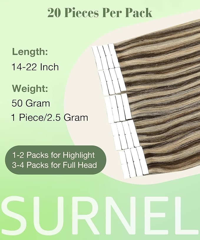 SURNEL Tape in Extensions Human Hair 22 inch Skin Weft Hair Extensions Color 4 Medium Brown Highlighted 27 Caramel Blonde Tape in Hair Extensions 20pcs 50g(#4P27-22)