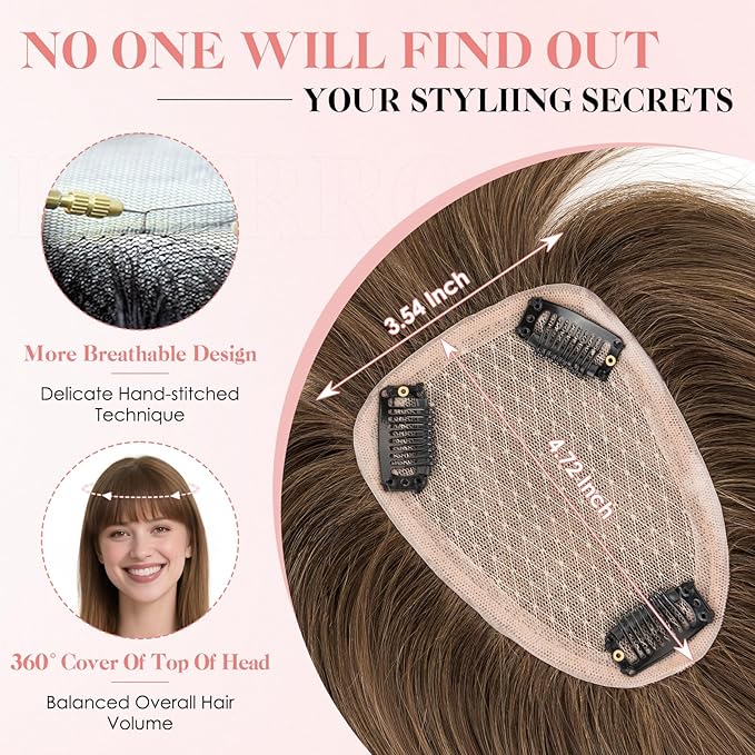 Hairro Human Hair Toppers with Wispy Bangs, 3.5x4.7" Hand-wovened Base for Women with Thinning Hair, Lightweight & Breathable Realistic Scalp, Clip-in Hairpieces for Easy Wear, 10 Inch Cocoa Brown