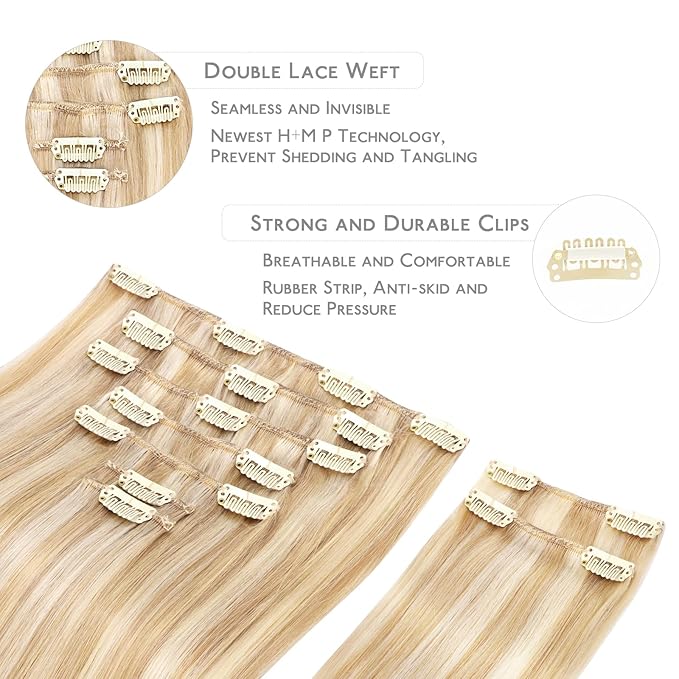 WENNALIFE Hair Extensions Clip In, 9pcs 18inch 150g Dirty Blonde Highlighted Bleach Blonde Thicker Clip In Hair Extensions Real Human Hair Remy hair extension Double Weft Clip in Human Hair Extensions