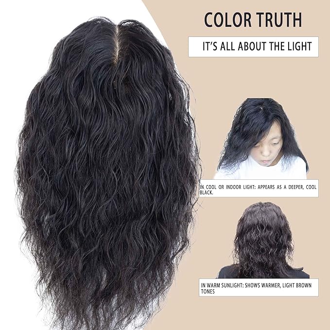 Curly Hair Toppers for Women, Real Human Hair Topper for Thinning Hair, Realistic Scalp Crown Hair Topper with Natural Volume, Clip-In 3D Scalp Cover, Natural Black 1B 10 In