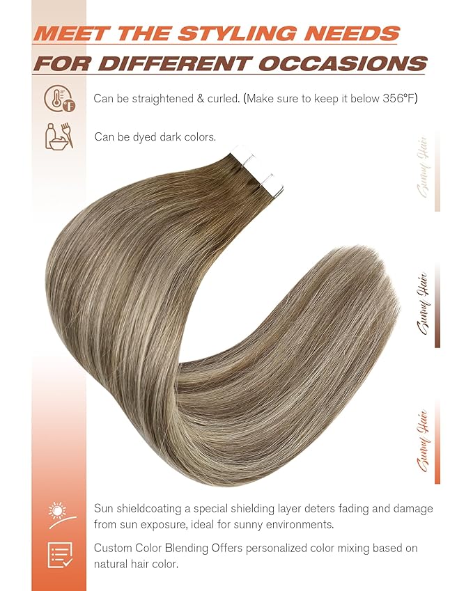 Sunny Hair Tape in Hair Extensions Human Hair 22 Inch Hair Extensions Real Human Hair Tape in Extensions for Women Cool Brown to Light Brown Balayage Blonde Invisible Remy Hair Skin Weft 20Pcs 50g