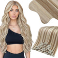 Moresoo Blonde Clip in Hair Extensions Highlight Double Weft Clip Human Hair Extensions Light Brown with Blonde Hair Real Human Hair Clip ins Full Head 7pcs/135g 16inch