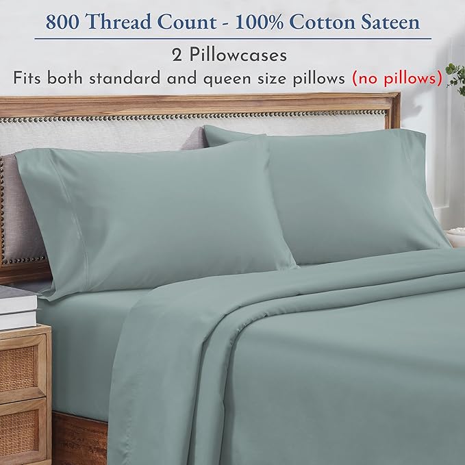 California Design Den Heirloom Soft, Smooth & Thick Certified 800 Thread Count 100% Cotton Sateen, 2 Pillow Cases Standard Size Fits Standard & Queen Size Pillows (Soft Teal)