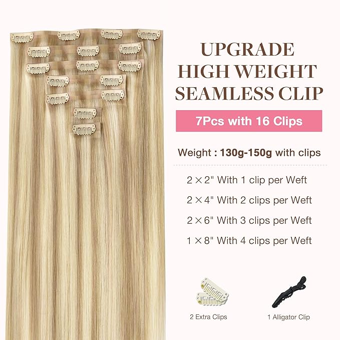 GOO GOO Clip in Hair Extensions Real Human Hair, Remy Human Hair Extensions Clip ins for Women, Natural Human Hair, 20inch 150g 7Pcs, 18A/613A Dark Blonde Highlighted Bleach Blonde