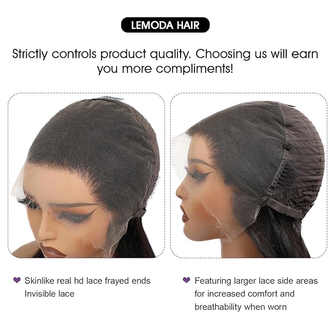 Lemoda Full 13x6 SKINLIKE Real HD Lace Frontal Wigs 210% Density 15A 28Inch Straight 13x6 Full Lace Frontal Virgin Human Hair Wigs Invisible 0.1mm Ultra-thin Knots Frayed Ends Lace Wig Natural Black
